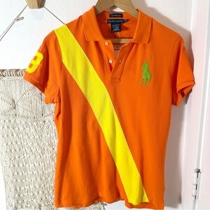 Ralph Lauren Polo Women’s Orange Yellow Stripe Skinny Polo with Green Logo L